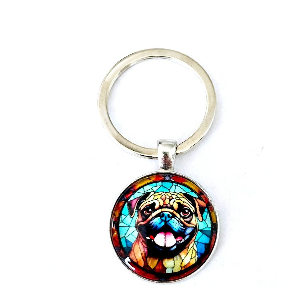 Pug Keychain Stained Glass Style Art Dog Charm Gift for Pet Lover Accessory